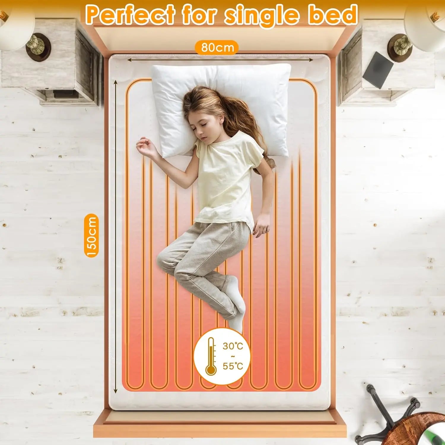 Electric Heated Mattress Pad – 150×80 cm, 100W Fast Heating Bed Warmer, 6 Heat Levels, 8-Hour Auto Off, Machine Washable