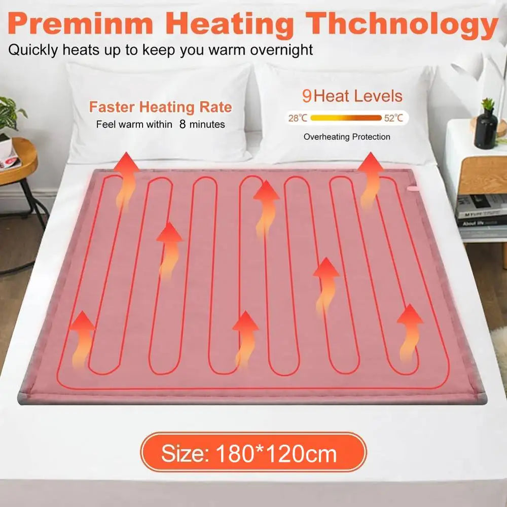 Electric Heated Blanket – 1.8×1.2m Washable Under Blanket with 9 Heat Settings & Timer