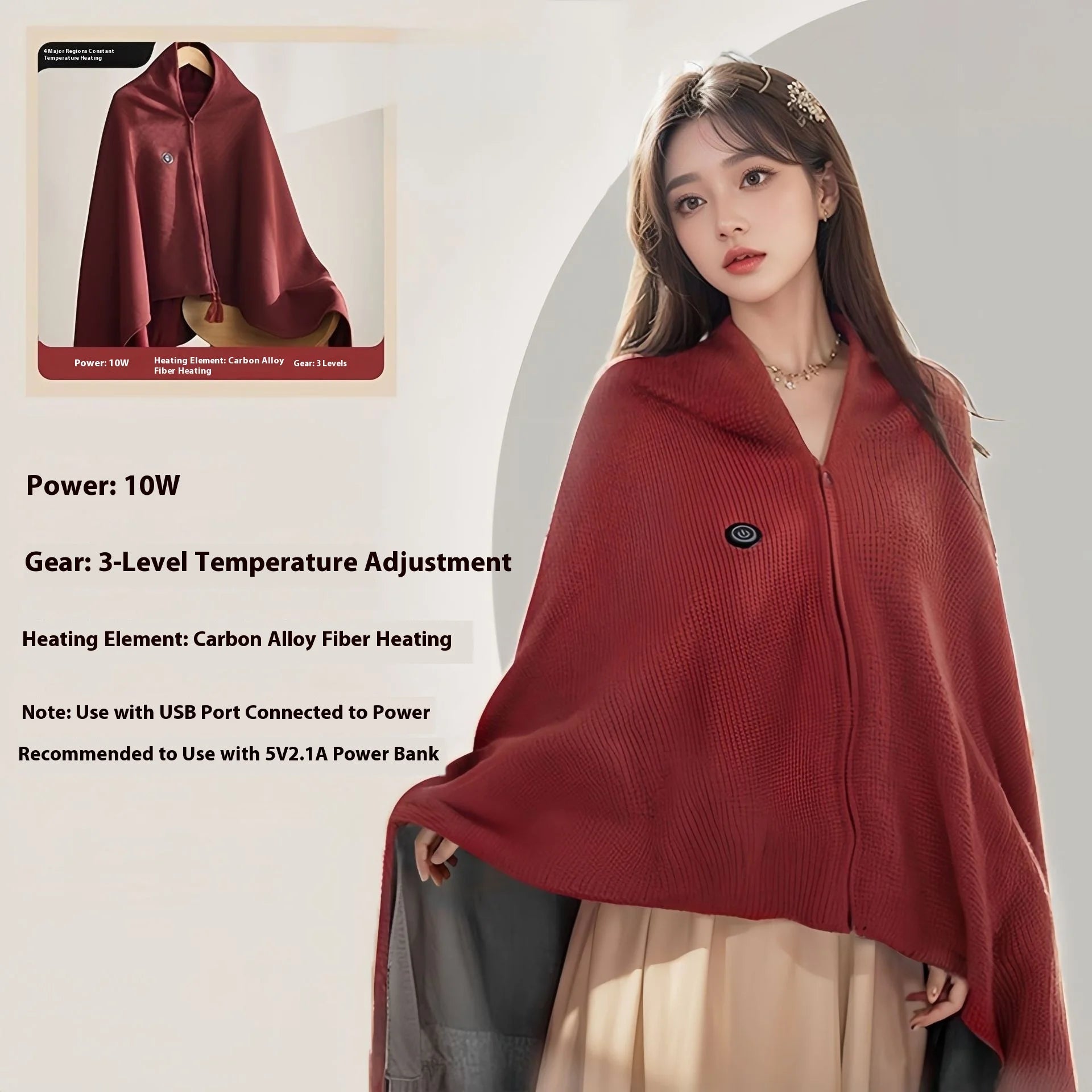 USB Electric Heated Blanket Shawl for Winter – Wearable Heating Wrap for Women | USB-Powered Heated Throw