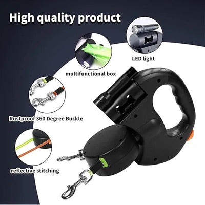Double Dog Leash for Two Dogs – Tangle-Free Dual Leash with Swivel + LED Flashlight, Adjustable for Small & Large Dogs
