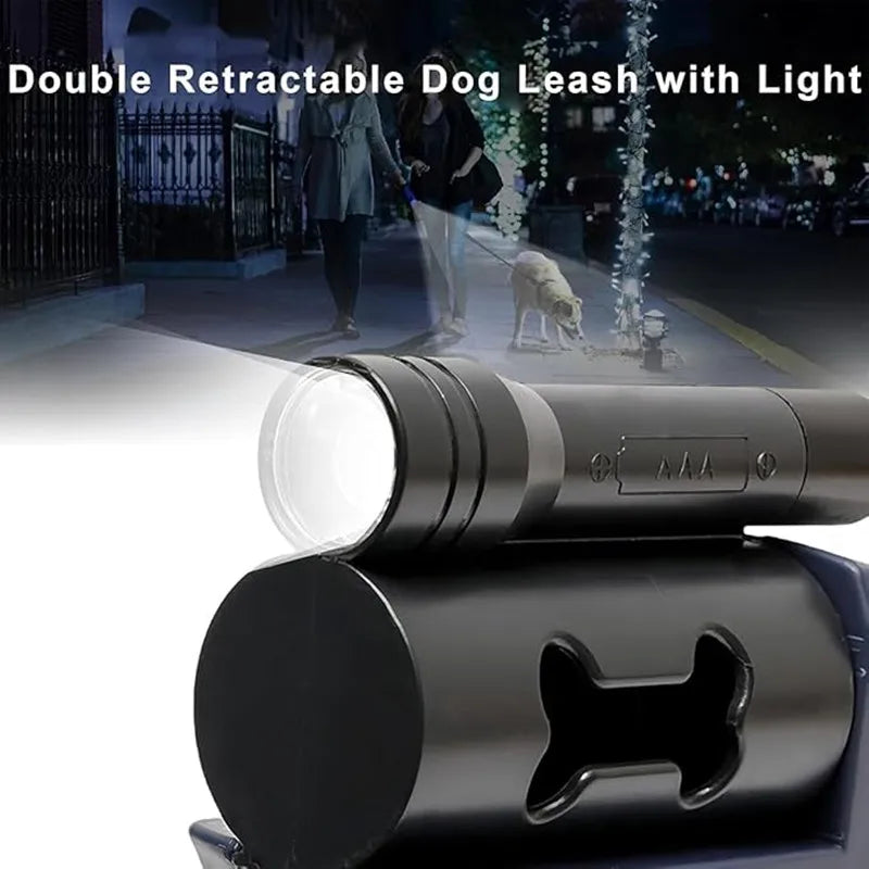 Double Dog Leash for Two Dogs – Tangle-Free Dual Leash with Swivel + LED Flashlight, Adjustable for Small & Large Dogs