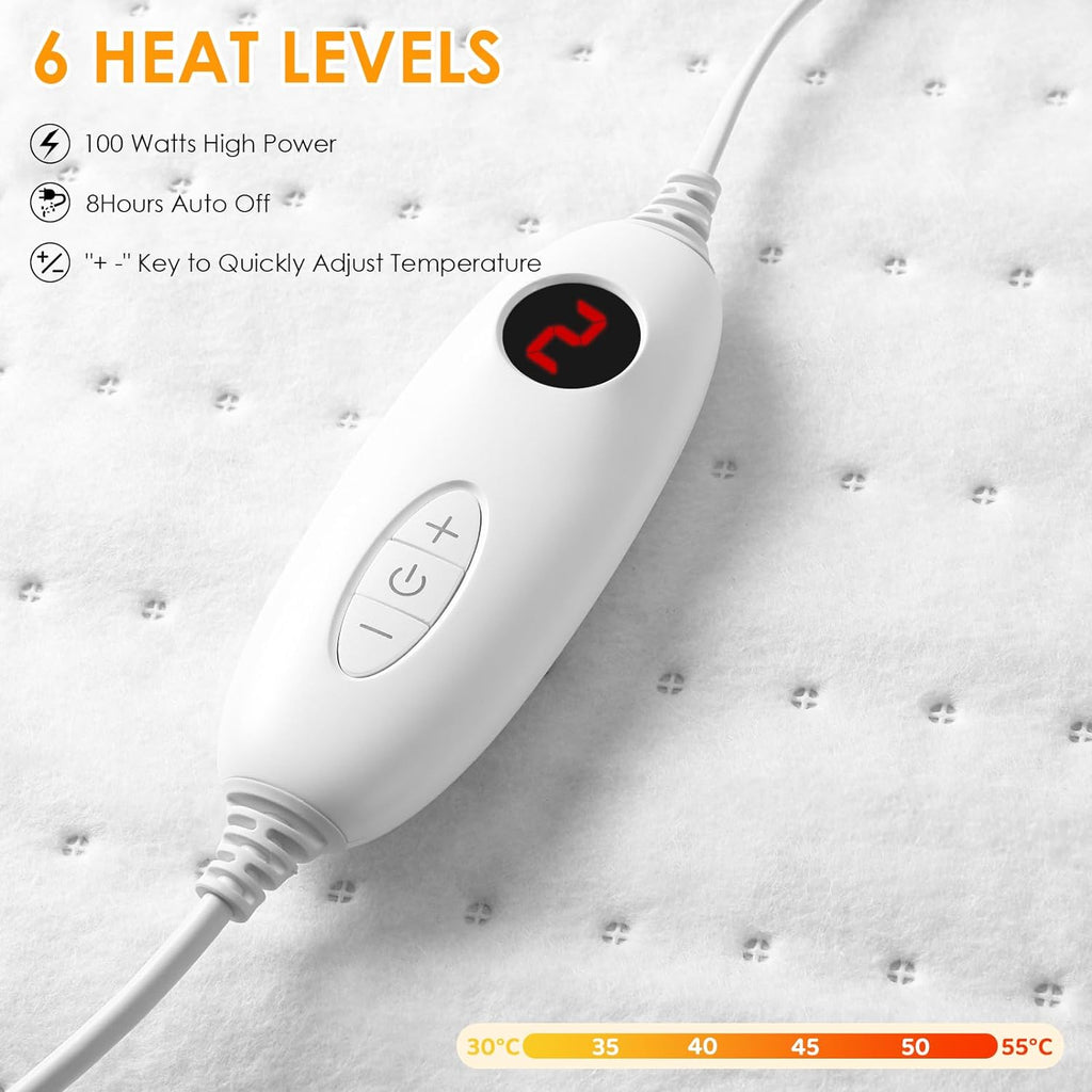 Electric Heated Mattress Pad – 150×80 cm, 100W Fast Heating Bed Warmer, 6 Heat Levels, 8-Hour Auto Off, Machine Washable