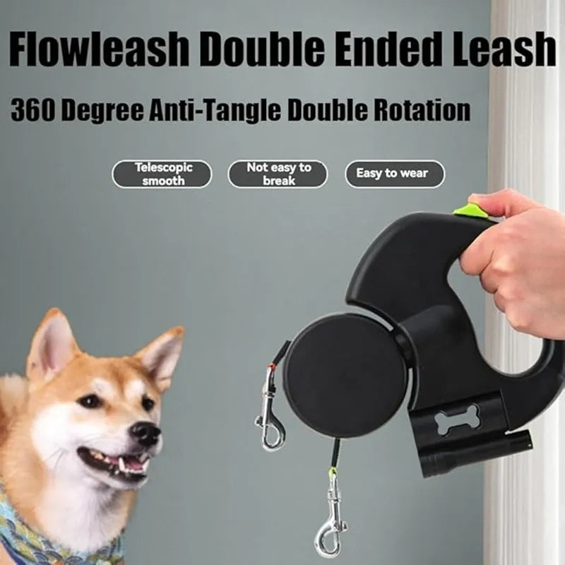 Double Dog Leash for Two Dogs – Tangle-Free Dual Leash with Swivel + LED Flashlight, Adjustable for Small & Large Dogs